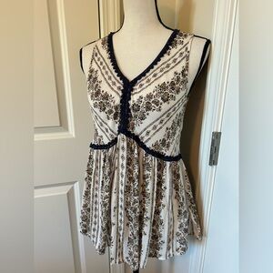 Boho Floral Sleeveless Top with Navy Accents